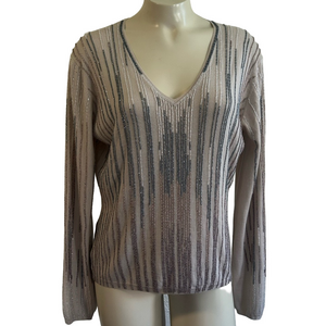 TSE LRG  cashmere /spandex blend Beige beaded accents v neck Sweater as is (hole